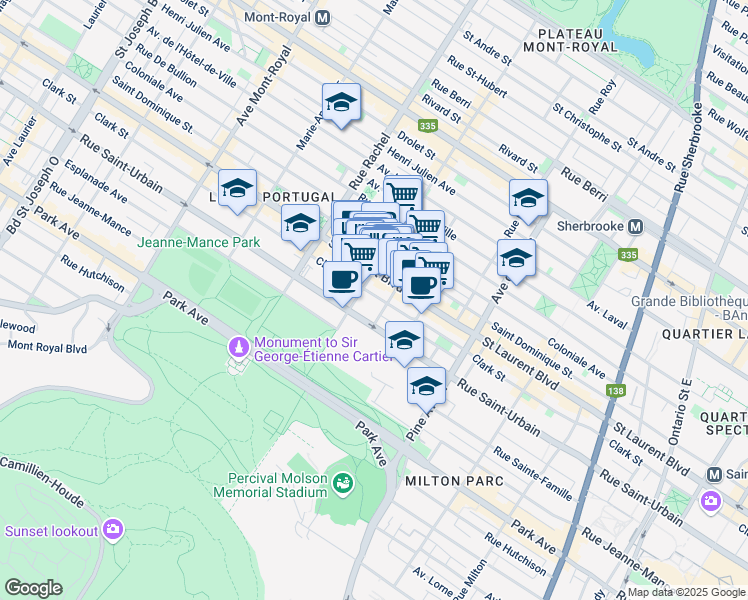 map of restaurants, bars, coffee shops, grocery stores, and more near 3960 Clark Street in Montreal