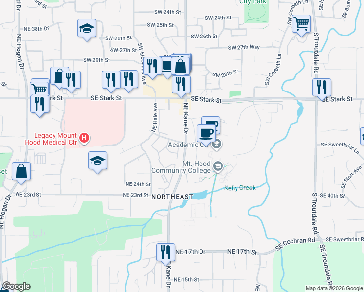 map of restaurants, bars, coffee shops, grocery stores, and more near in Gresham