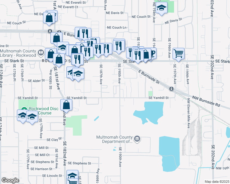 map of restaurants, bars, coffee shops, grocery stores, and more near 18837 Southeast Yamhill Street in Portland