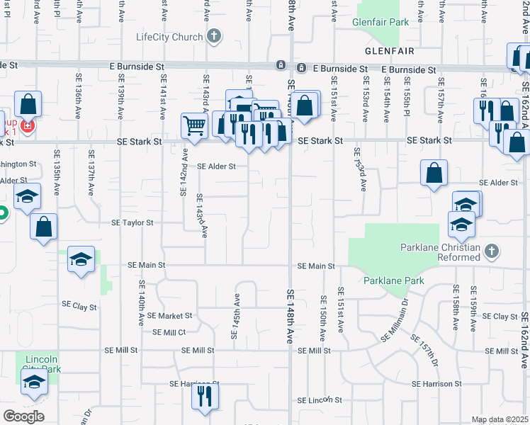 map of restaurants, bars, coffee shops, grocery stores, and more near 843 Southeast 147th Avenue in Portland