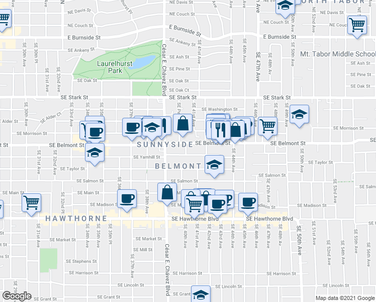 map of restaurants, bars, coffee shops, grocery stores, and more near 4023 Southeast Yamhill Street in Portland