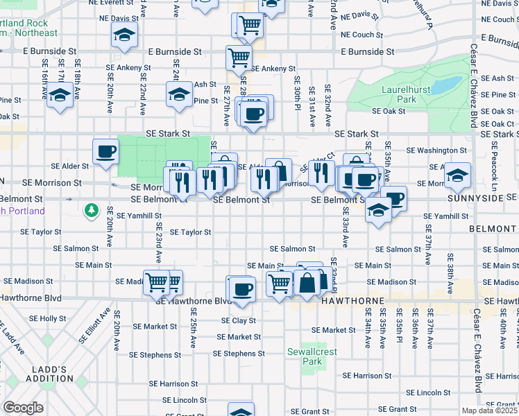 map of restaurants, bars, coffee shops, grocery stores, and more near 2805 Southeast Yamhill Street in Portland