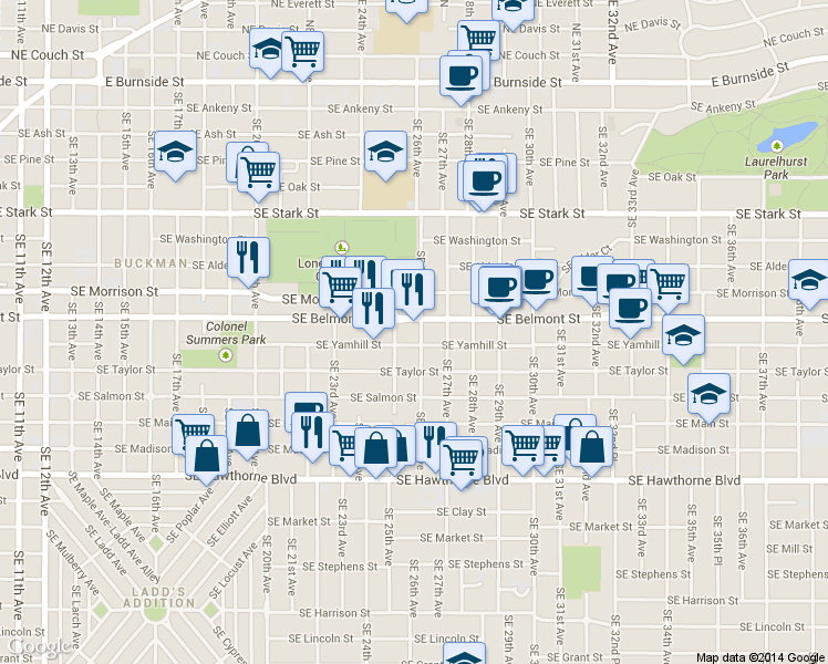 map of restaurants, bars, coffee shops, grocery stores, and more near 2503 Southeast Yamhill Street in Portland