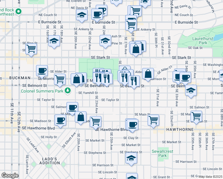 map of restaurants, bars, coffee shops, grocery stores, and more near 2503 Southeast Yamhill Street in Portland