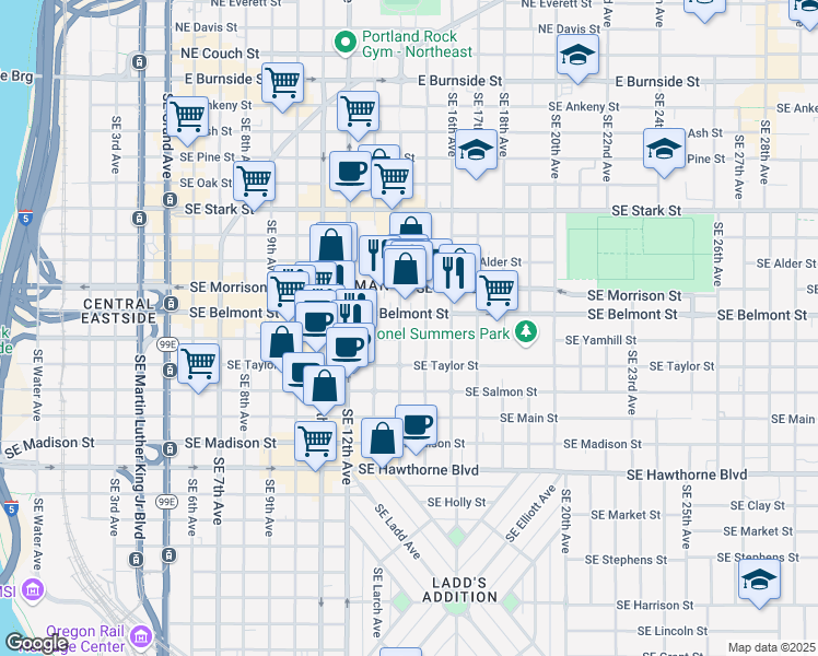 map of restaurants, bars, coffee shops, grocery stores, and more near 1325 Southeast Yamhill Street in Portland