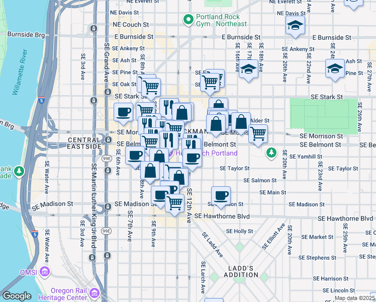 map of restaurants, bars, coffee shops, grocery stores, and more near in Portland