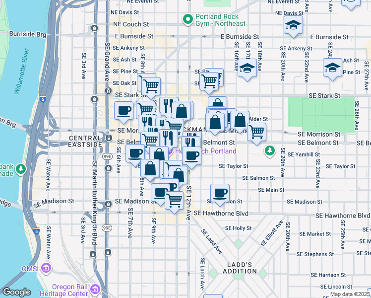 map of restaurants, bars, coffee shops, grocery stores, and more near in Portland