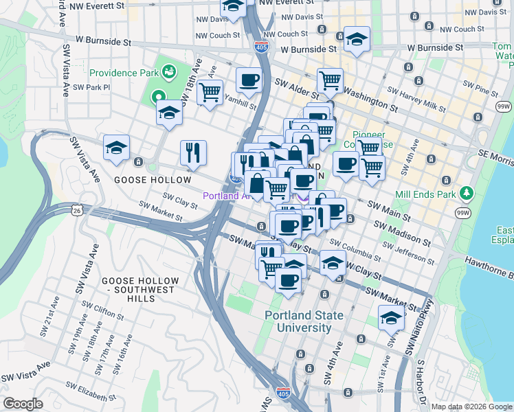 map of restaurants, bars, coffee shops, grocery stores, and more near 1129 Southwest Columbia Street in Portland