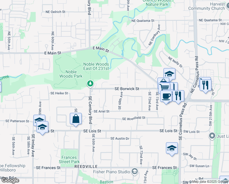 map of restaurants, bars, coffee shops, grocery stores, and more near 6689 Southeast Madison Street in Hillsboro