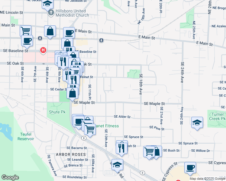 map of restaurants, bars, coffee shops, grocery stores, and more near 1338 Southeast Cedar Street in Hillsboro