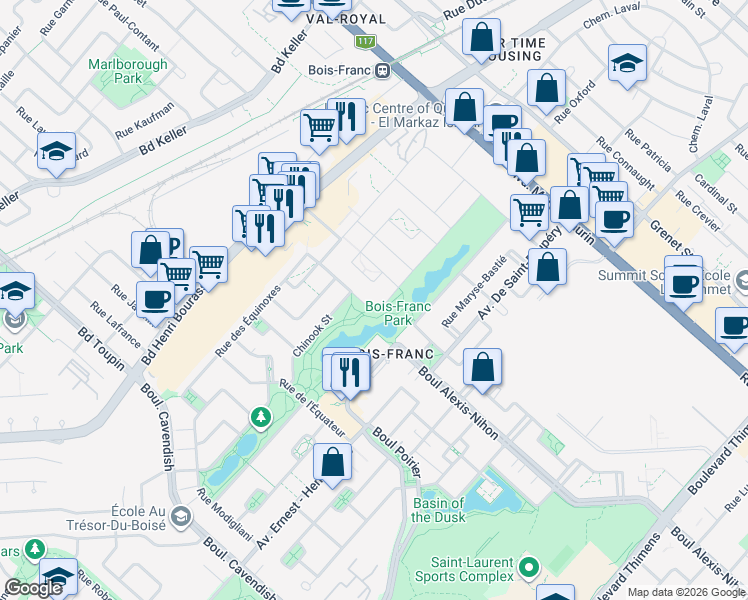 map of restaurants, bars, coffee shops, grocery stores, and more near in Saint-Laurent