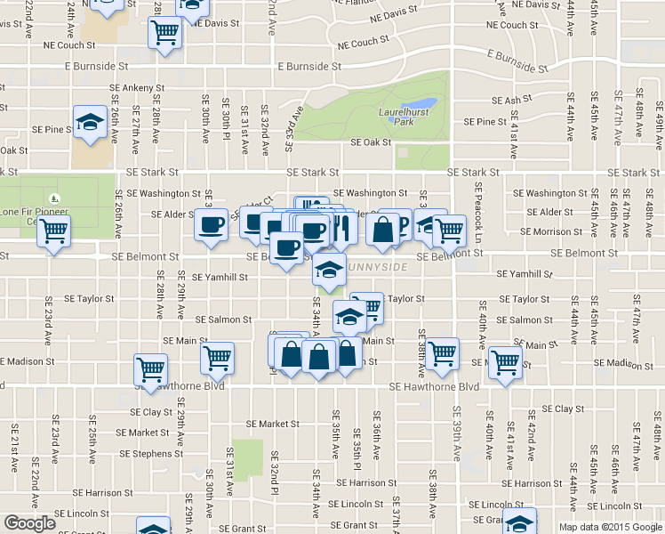 map of restaurants, bars, coffee shops, grocery stores, and more near 916-926 Southeast 34th Avenue in Portland