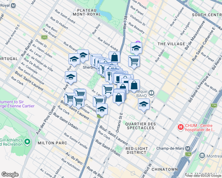 map of restaurants, bars, coffee shops, grocery stores, and more near 324 Rue Sherbrooke Est in Montréal