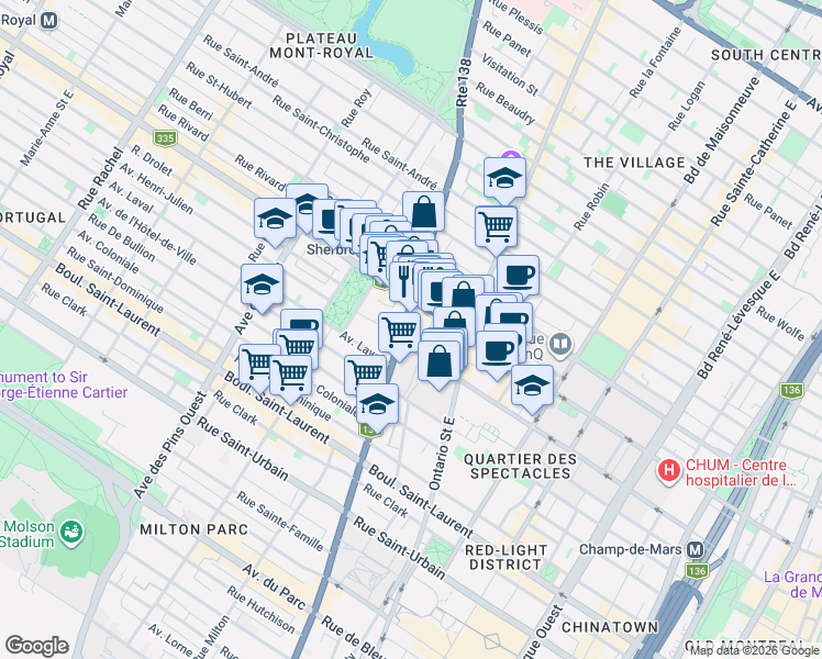 map of restaurants, bars, coffee shops, grocery stores, and more near 324 Rue Sherbrooke Est in Montréal