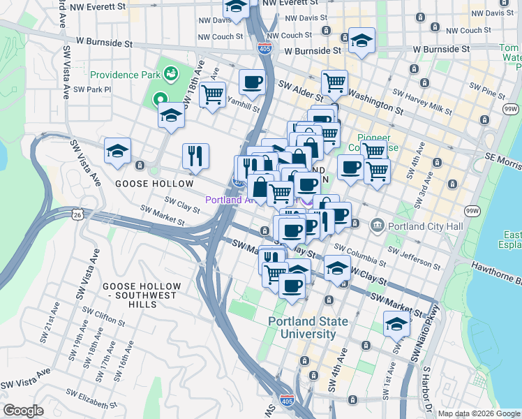 map of restaurants, bars, coffee shops, grocery stores, and more near 1129 Southwest Columbia Street in Portland