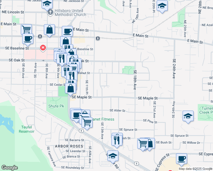 map of restaurants, bars, coffee shops, grocery stores, and more near Southeast Cedar Street in Hillsboro
