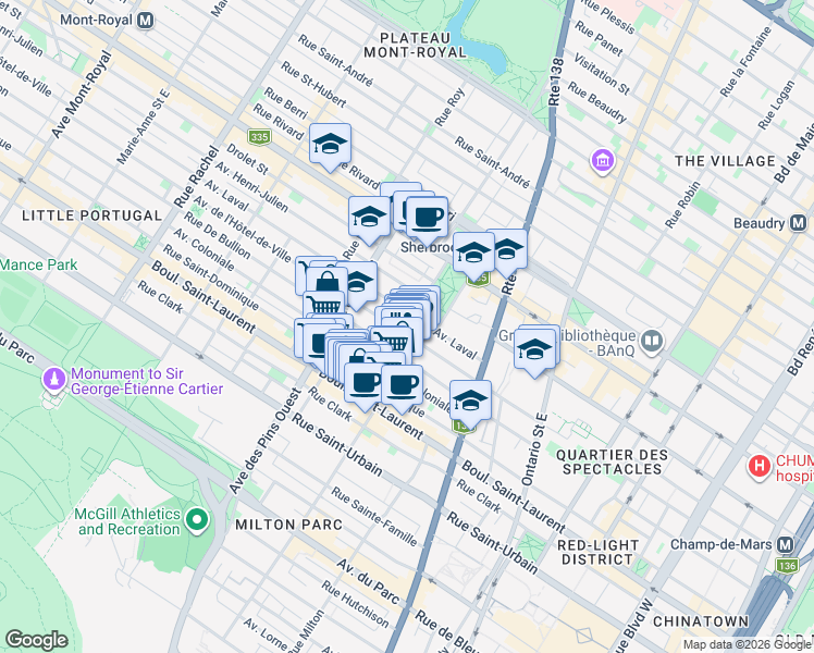 map of restaurants, bars, coffee shops, grocery stores, and more near 3634 Avenue Laval in Montréal