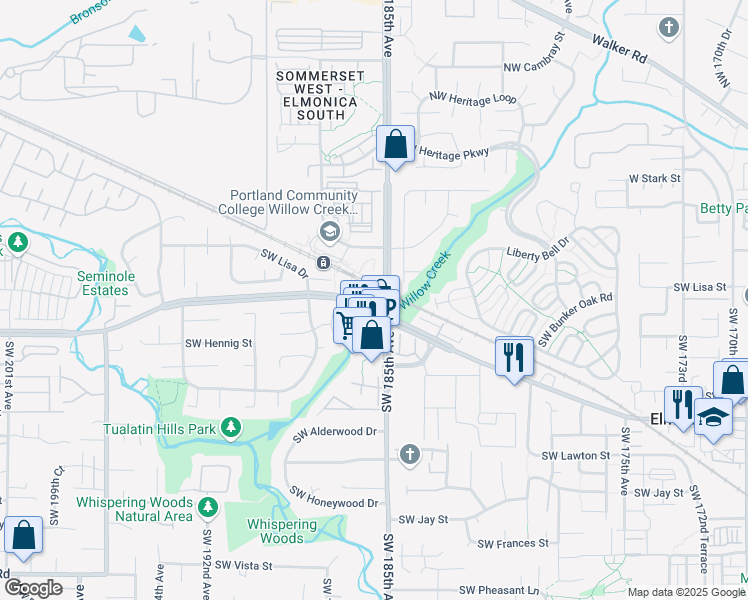 map of restaurants, bars, coffee shops, grocery stores, and more near 18565 Southwest Baseline Road in Hillsboro