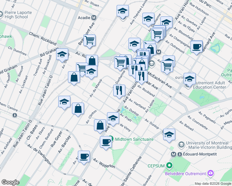 map of restaurants, bars, coffee shops, grocery stores, and more near in Montreal