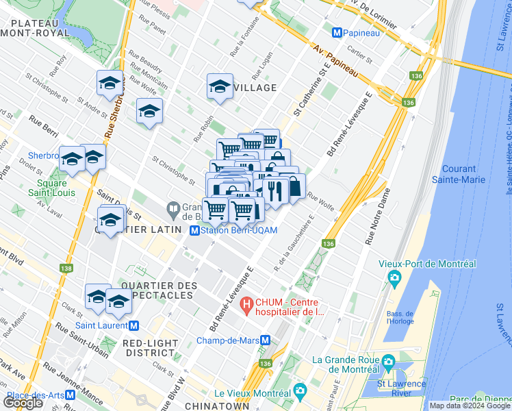 map of restaurants, bars, coffee shops, grocery stores, and more near 1265 Rue Saint-André in Montréal