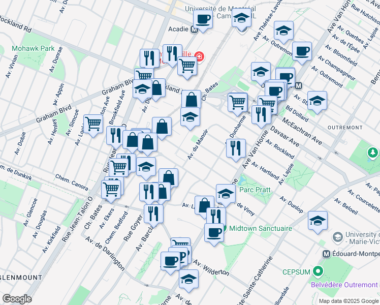 map of restaurants, bars, coffee shops, grocery stores, and more near 1827 Avenue du Manoir in Montréal