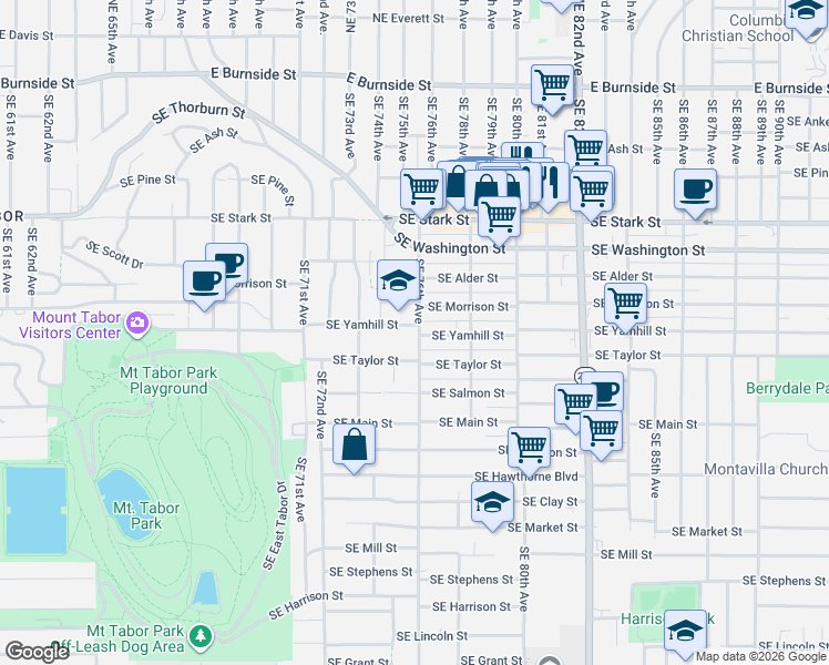 map of restaurants, bars, coffee shops, grocery stores, and more near 7504 Southeast Yamhill Street in Portland