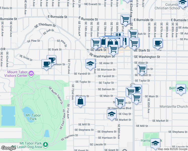 map of restaurants, bars, coffee shops, grocery stores, and more near 7530 Southeast Yamhill Street in Portland