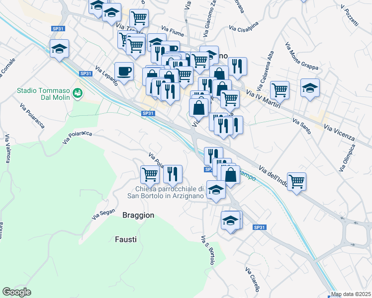 map of restaurants, bars, coffee shops, grocery stores, and more near 2 Via Tiro a Segno in Provincia di Vicenza