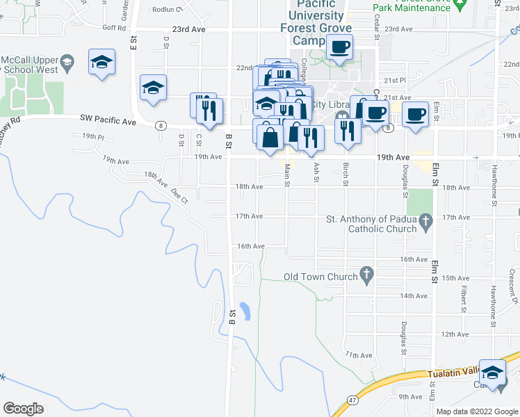 map of restaurants, bars, coffee shops, grocery stores, and more near 1709 A Street in Forest Grove