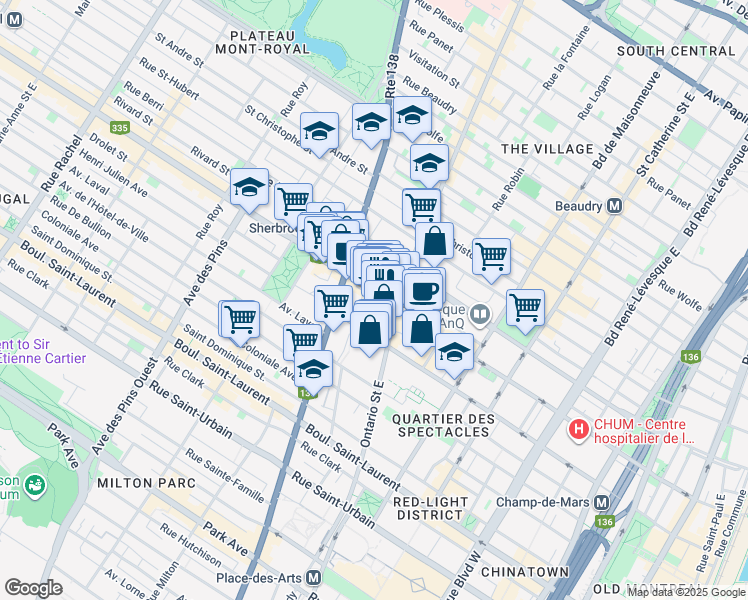 map of restaurants, bars, coffee shops, grocery stores, and more near in Montreal
