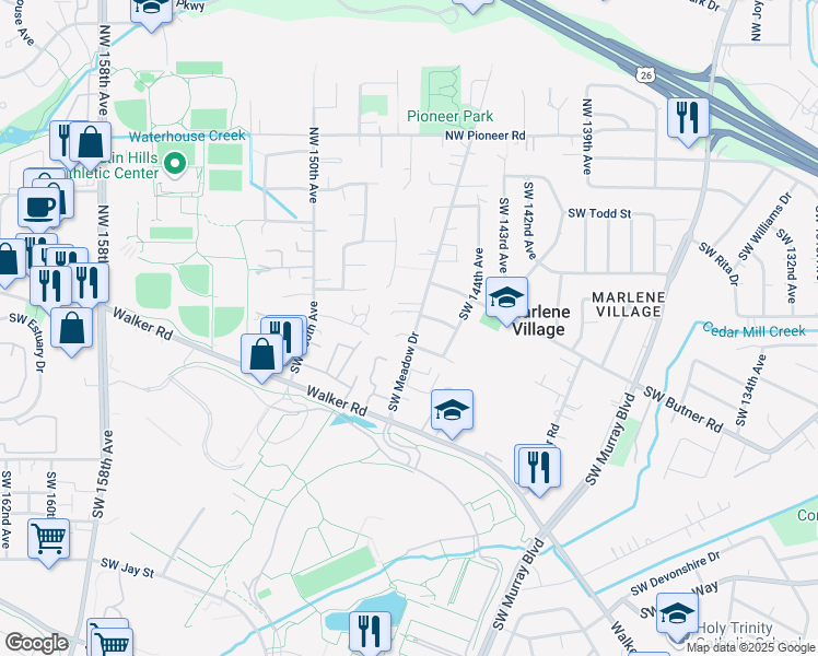 map of restaurants, bars, coffee shops, grocery stores, and more near 515 Southwest Meadow Drive in Beaverton