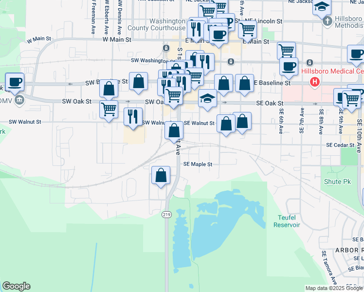 map of restaurants, bars, coffee shops, grocery stores, and more near 610 South 1st Avenue in Hillsboro
