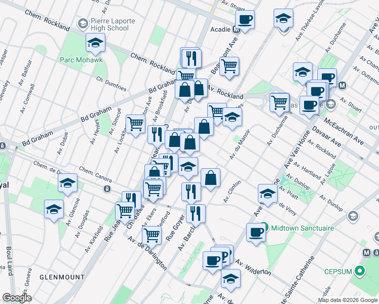 map of restaurants, bars, coffee shops, grocery stores, and more near 150 Chemin Bates in Mont-Royal