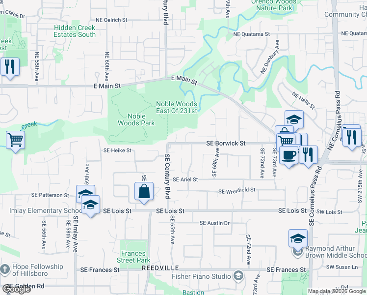 map of restaurants, bars, coffee shops, grocery stores, and more near 6568 Southeast Borwick Street in Hillsboro