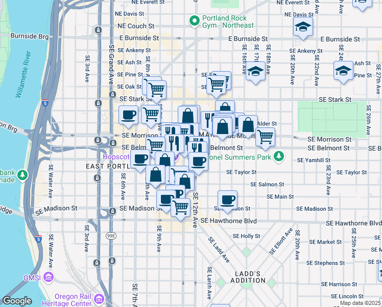 map of restaurants, bars, coffee shops, grocery stores, and more near in Portland