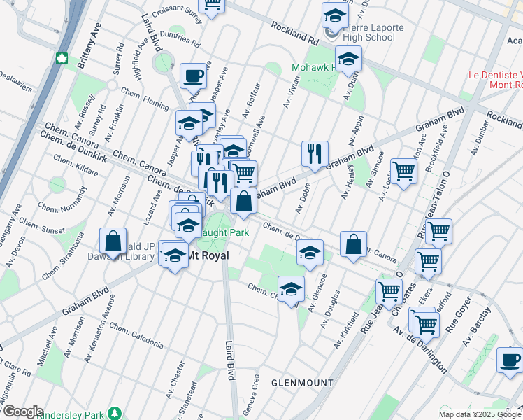 map of restaurants, bars, coffee shops, grocery stores, and more near 1400 Croissant Merit in Mont-Royal
