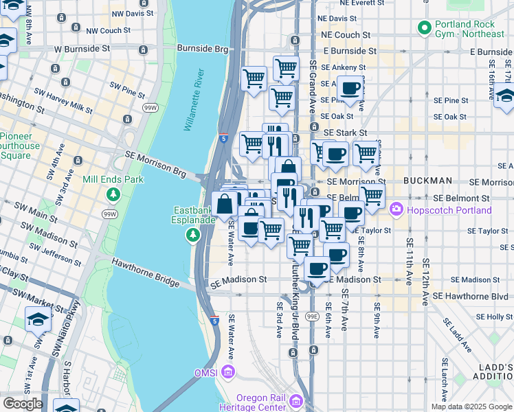map of restaurants, bars, coffee shops, grocery stores, and more near 111-115 Southeast Yamhill Street in Portland