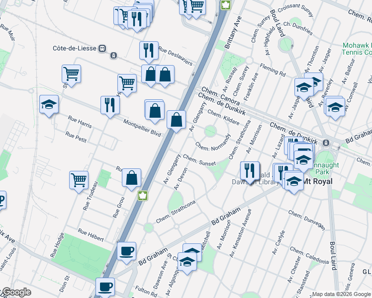 map of restaurants, bars, coffee shops, grocery stores, and more near 180 Avenue Glengarry in Mont-Royal