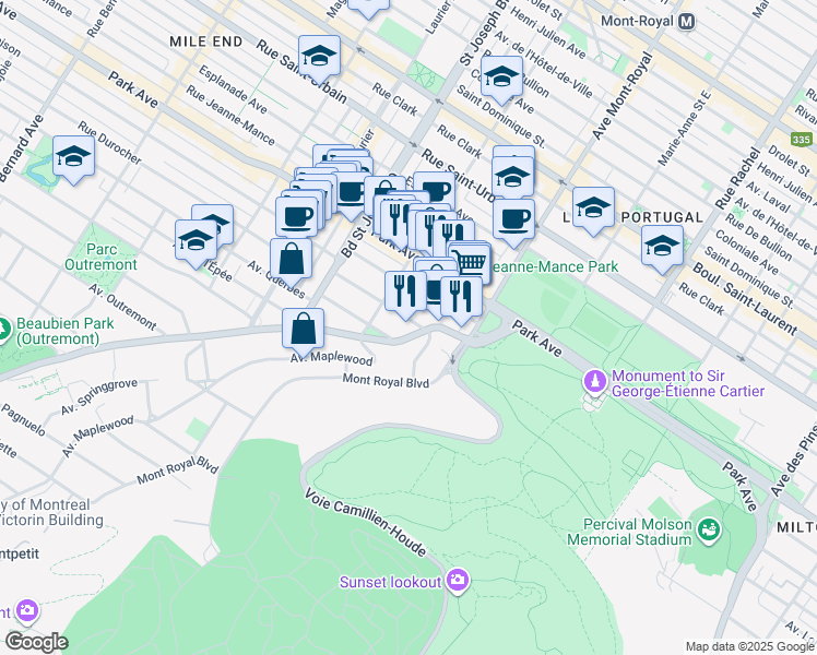 map of restaurants, bars, coffee shops, grocery stores, and more near 55 Chemin de la Côte-Sainte-Catherine in Montréal