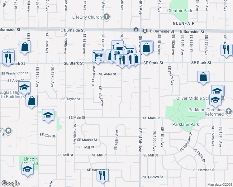 map of restaurants, bars, coffee shops, grocery stores, and more near 1003 Southeast 146th Avenue in Portland