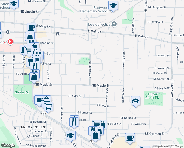 map of restaurants, bars, coffee shops, grocery stores, and more near 596 Southeast 18th Avenue in Hillsboro