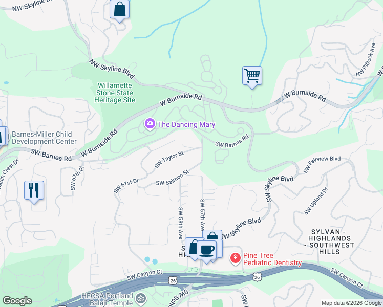map of restaurants, bars, coffee shops, grocery stores, and more near 5754 Southwest Taylor Street in Portland