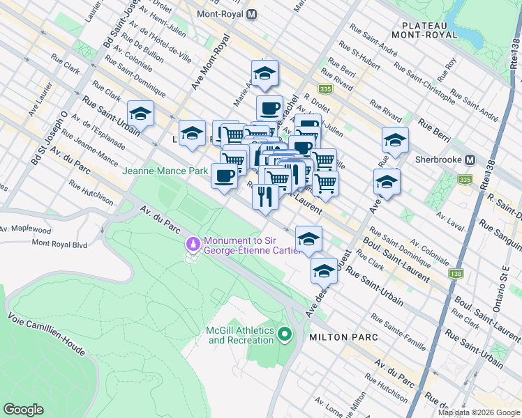 map of restaurants, bars, coffee shops, grocery stores, and more near 4081 Rue Saint-Urbain in Montréal
