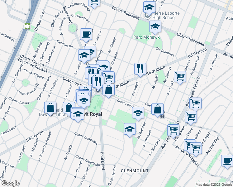 map of restaurants, bars, coffee shops, grocery stores, and more near 1400 Croissant Merit in Mont-Royal