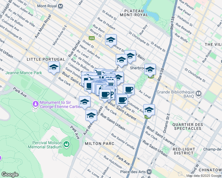 map of restaurants, bars, coffee shops, grocery stores, and more near 109 Avenue des Pins Est in Montréal