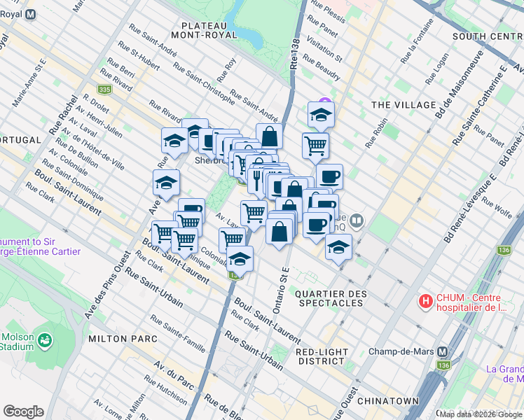 map of restaurants, bars, coffee shops, grocery stores, and more near 330 Rue Sherbrooke Est in Montréal