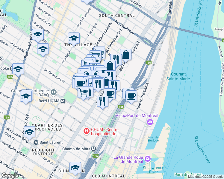 map of restaurants, bars, coffee shops, grocery stores, and more near in Montreal