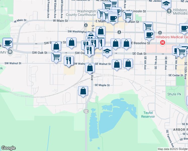 map of restaurants, bars, coffee shops, grocery stores, and more near 610 South 1st Avenue in Hillsboro