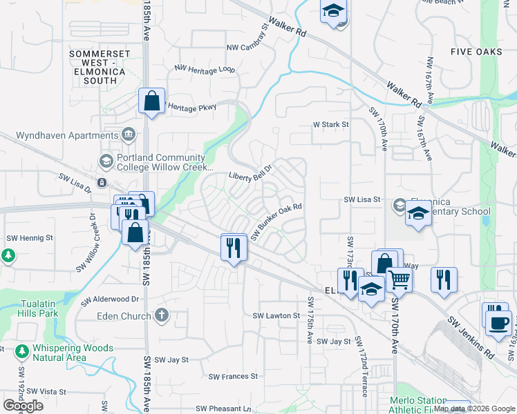 map of restaurants, bars, coffee shops, grocery stores, and more near 470 Southwest Boston Way in Beaverton