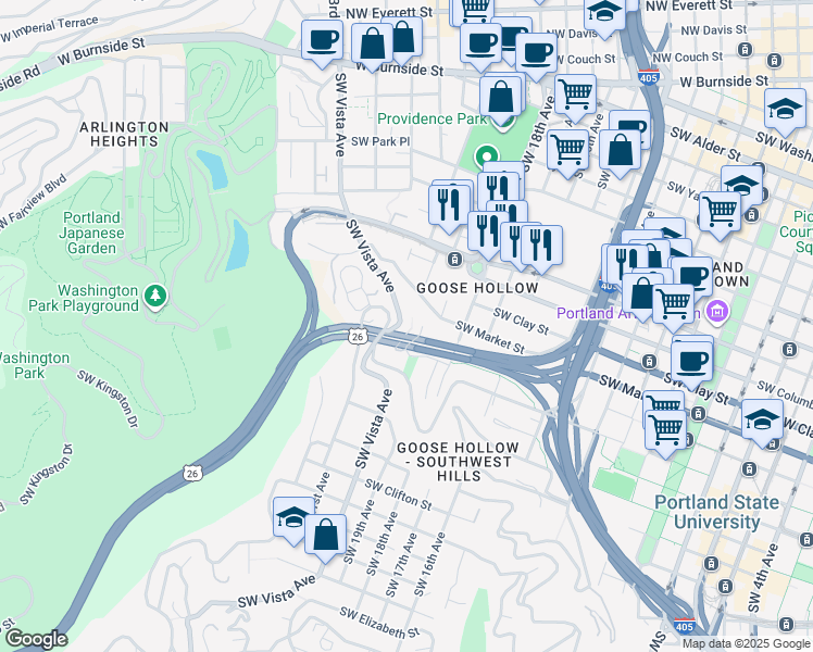 map of restaurants, bars, coffee shops, grocery stores, and more near 1636 Southwest Vista Avenue in Portland